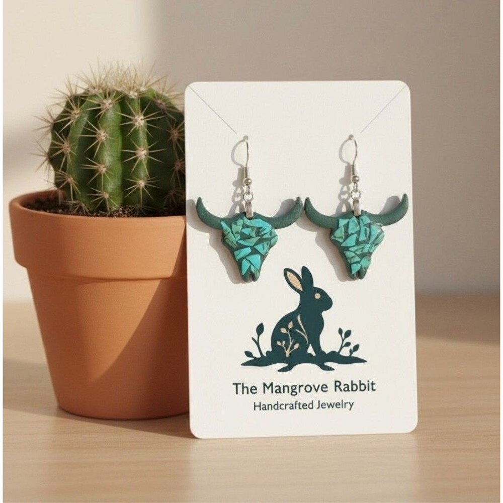Faux Turquoise Bull Steer Cow Skull Polymer Clay Southwestern Dangle Earrings